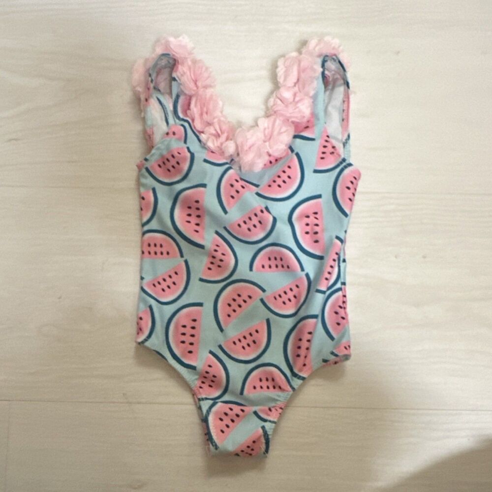 Fruit Pattern One Piece Swimsuit Girls Size 110 Pink Blue Ruffle Polyester